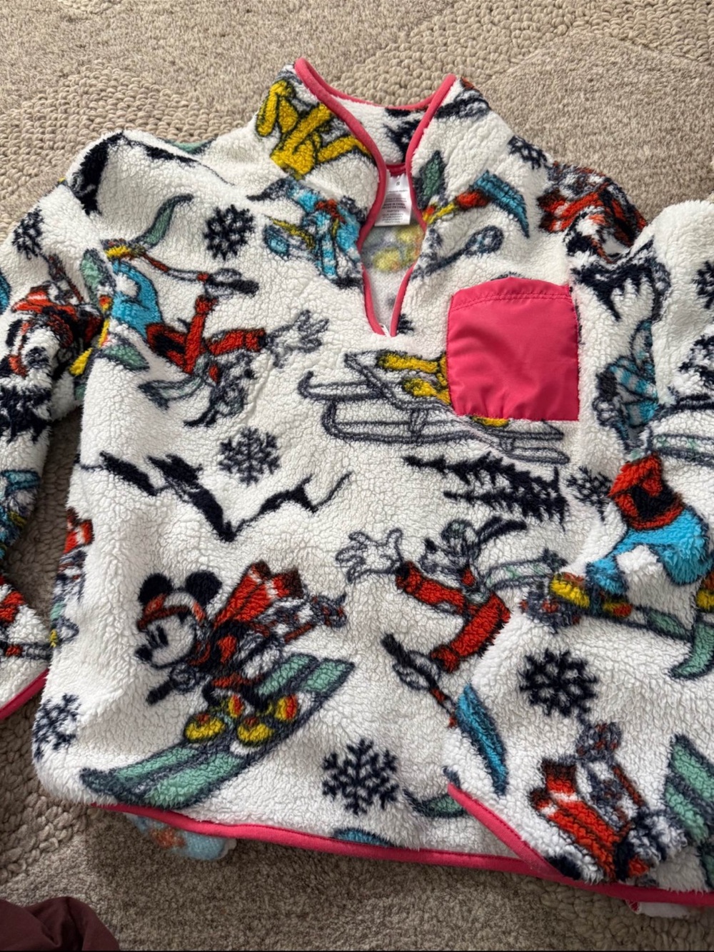 Disney White Sherpa Pullover with Pink Trim and Ski Character Print